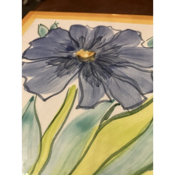 Italian Hand  Painted tile/trivet Made in Italy Vitage Blue Green Flower glazed - Picture 3 of 16